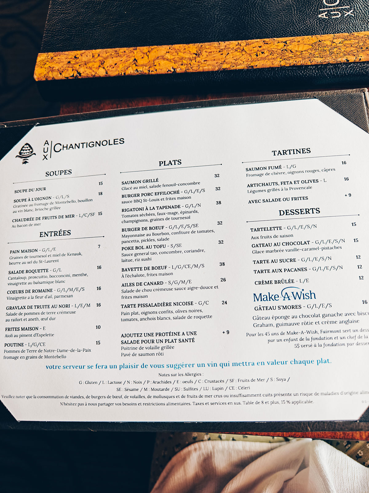 Le menu imprimé des Chantignoles : soupes, entrées, plats, tartines, desserts