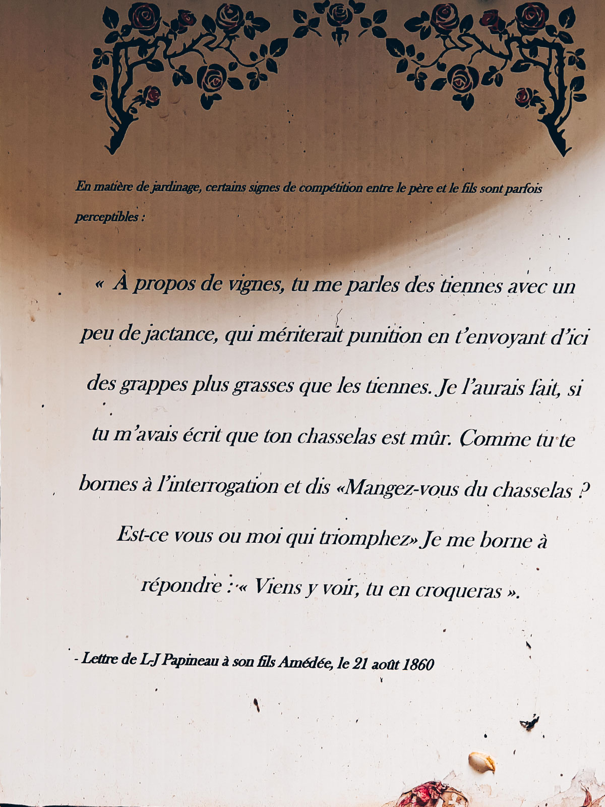 Une lettre manuscrite reproduite au mur, de Louis-Joseph Papineau à son fils Amédée, datée du 21 août 1860