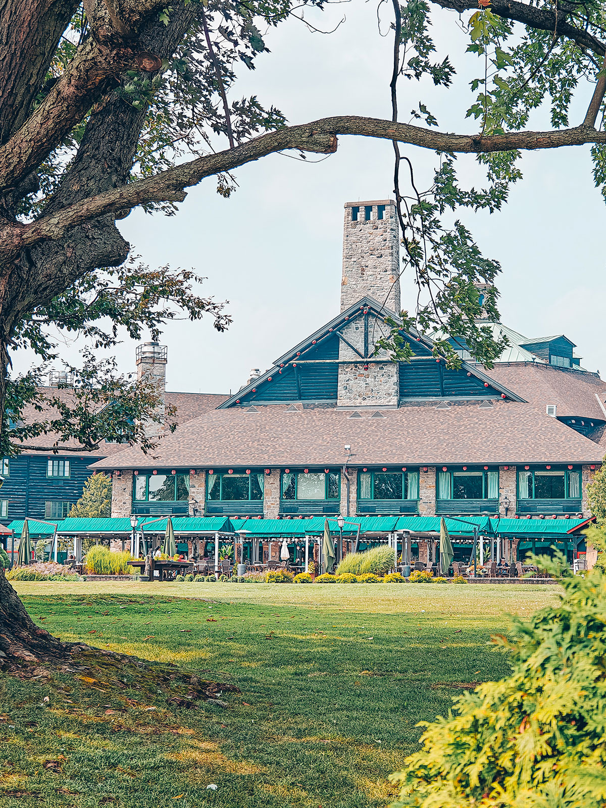 Le château entre les branches : sa cheminée de pierre et ses balcons turquoise