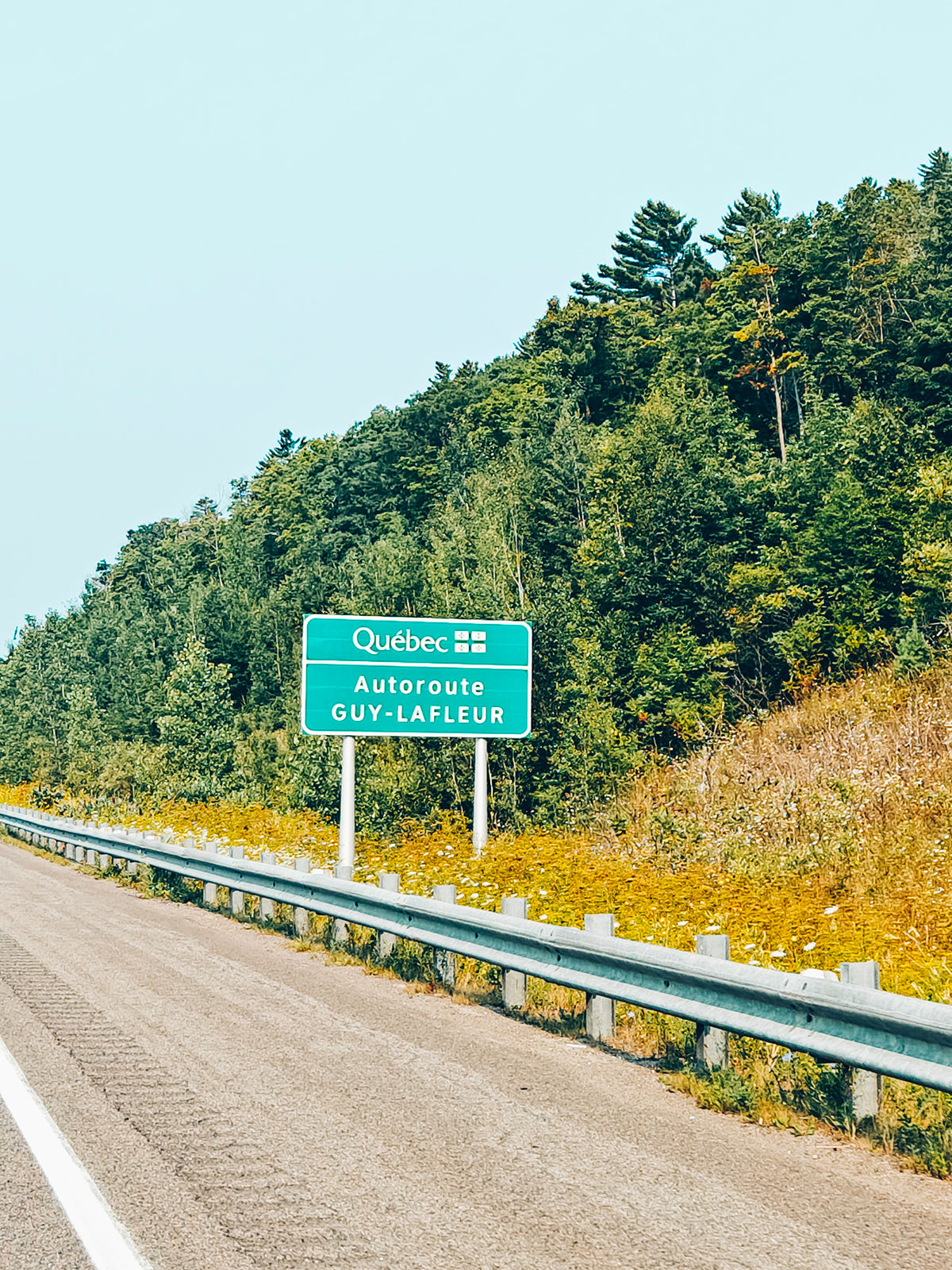 Le panneau vert « Québec · Autoroute Guy-Lafleur » au bord de la 50