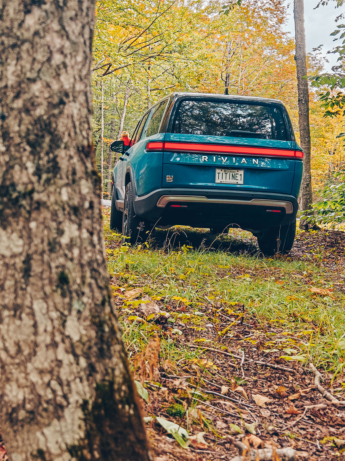 L'arrière du Rivian entre les arbres d'automne