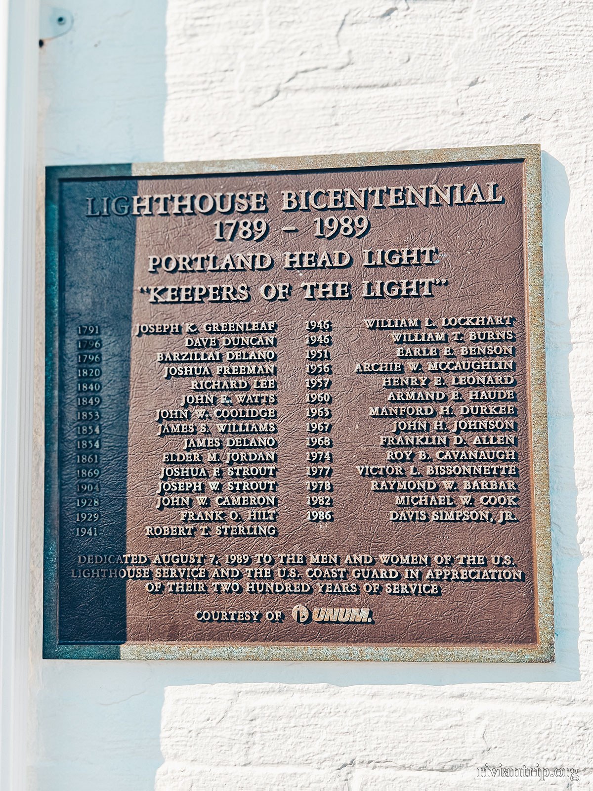 La plaque du bicentenaire, 1791-1991, « Keepers of the Light »